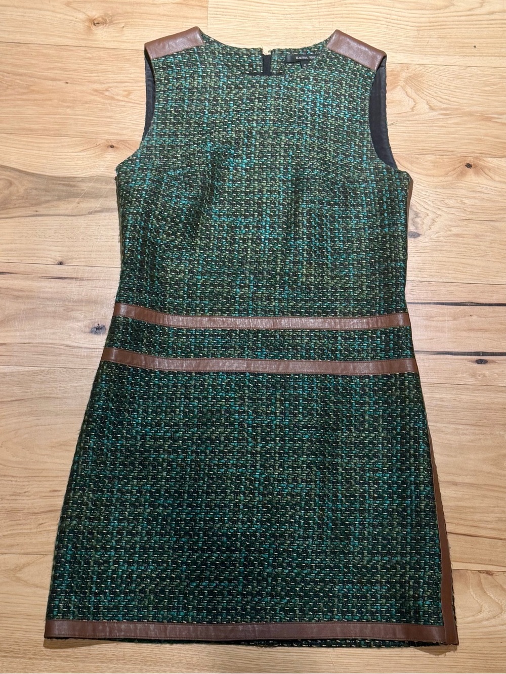 RACHEL Rachel Roy Green Tweed Sheath Dress with Brown Trim